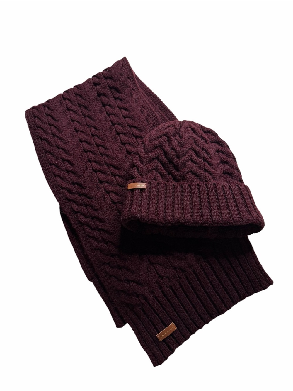 COLE HAAN Burgundy Purple Cable-Knit Scarf & Beanie Set Cozy Knit